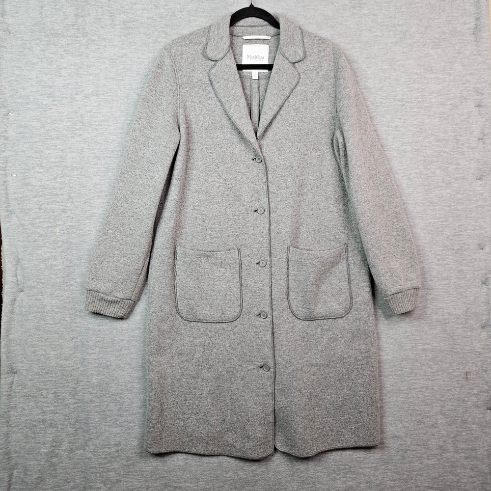 Max Mara Leisure Gray Wool Blend Jersey Long Coat XL Notched Lapel Patch Pockets